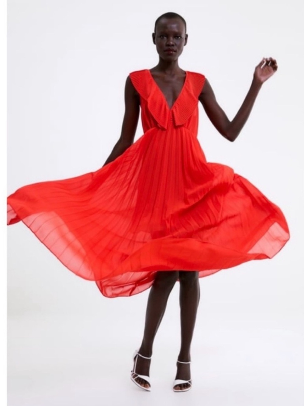 Zara Plunging Coral Red Pleated Ruffled Maxi Sun Dress